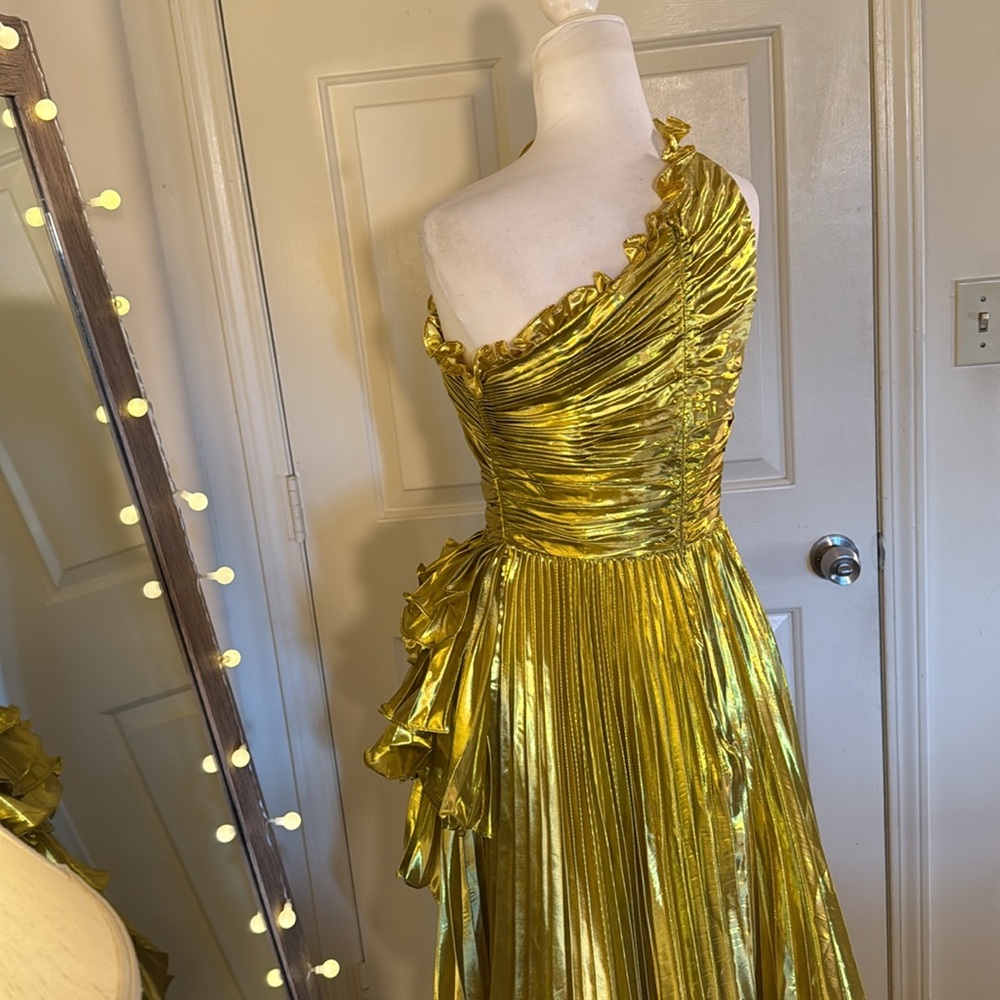 MAC DUGGAL Gold One Shoulder Pleated Ruffle Gown with Slit - Picture 14 of 17